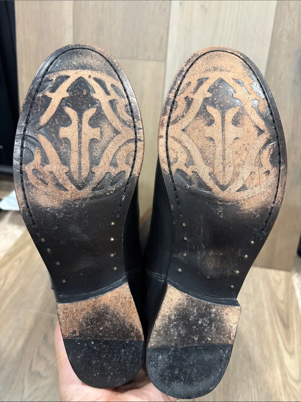 Frye Melissa Two Tone Logo Black Brown Leather Pull-On English Riding Boots 8B